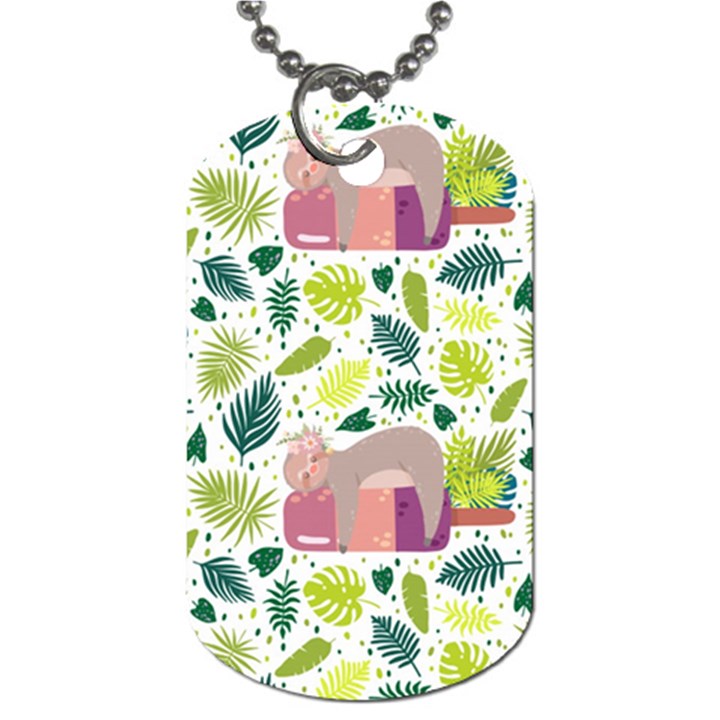 Cute Sloth Sleeping Ice Cream Surrounded By Green Tropical Leaves Dog Tag (Two Sides)