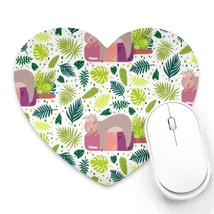 Cute Sloth Sleeping Ice Cream Surrounded By Green Tropical Leaves Heart Mousepads