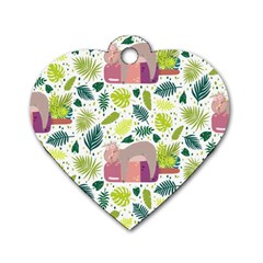 Cute Sloth Sleeping Ice Cream Surrounded By Green Tropical Leaves Dog Tag Heart (one Side) by Vaneshart