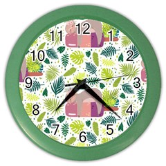 Cute Sloth Sleeping Ice Cream Surrounded By Green Tropical Leaves Color Wall Clock by Vaneshart