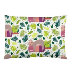 Cute Sloth Sleeping Ice Cream Surrounded By Green Tropical Leaves Pillow Case by Vaneshart