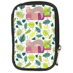 Cute Sloth Sleeping Ice Cream Surrounded By Green Tropical Leaves Compact Camera Leather Case by Vaneshart