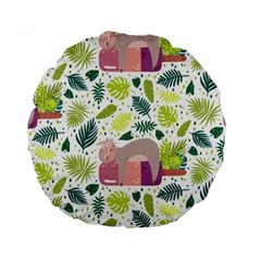 Cute Sloth Sleeping Ice Cream Surrounded By Green Tropical Leaves Standard 15  Premium Round Cushions by Vaneshart