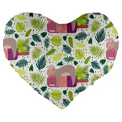 Cute Sloth Sleeping Ice Cream Surrounded By Green Tropical Leaves Large 19  Premium Heart Shape Cushions by Vaneshart