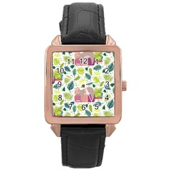 Cute Sloth Sleeping Ice Cream Surrounded By Green Tropical Leaves Rose Gold Leather Watch  by Vaneshart