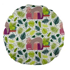 Cute Sloth Sleeping Ice Cream Surrounded By Green Tropical Leaves Large 18  Premium Flano Round Cushions by Vaneshart