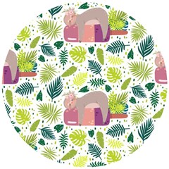 Cute Sloth Sleeping Ice Cream Surrounded By Green Tropical Leaves Wooden Puzzle Round by Vaneshart