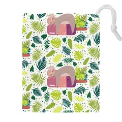 Cute Sloth Sleeping Ice Cream Surrounded By Green Tropical Leaves Drawstring Pouch (5xl) by Vaneshart