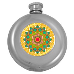 Mandala Patterns Yellow Round Hip Flask (5 Oz) by Vaneshart