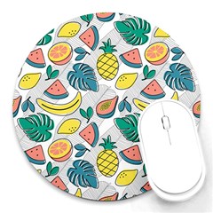 Seamless Pattern Tropical Fruit Banana Watermelon Papaya Lemon Orange Monstera Round Mousepads by Vaneshart