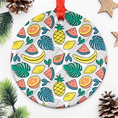 Seamless Pattern Tropical Fruit Banana Watermelon Papaya Lemon Orange Monstera Ornament (round) by Vaneshart