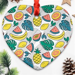 Seamless Pattern Tropical Fruit Banana Watermelon Papaya Lemon Orange Monstera Ornament (heart) by Vaneshart