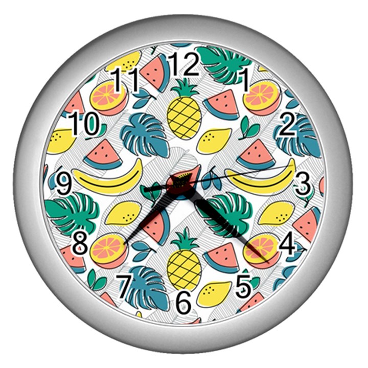 Seamless Pattern Tropical Fruit Banana Watermelon Papaya Lemon Orange Monstera Wall Clock (Silver)