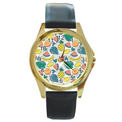 Seamless Pattern Tropical Fruit Banana Watermelon Papaya Lemon Orange Monstera Round Gold Metal Watch by Vaneshart