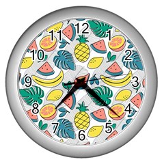 Seamless Pattern Tropical Fruit Banana Watermelon Papaya Lemon Orange Monstera Wall Clock (silver) by Vaneshart