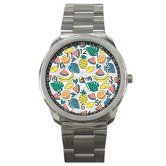 Seamless Pattern Tropical Fruit Banana Watermelon Papaya Lemon Orange Monstera Sport Metal Watch by Vaneshart