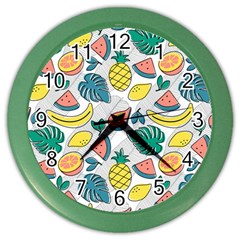 Seamless Pattern Tropical Fruit Banana Watermelon Papaya Lemon Orange Monstera Color Wall Clock by Vaneshart