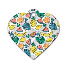 Seamless Pattern Tropical Fruit Banana Watermelon Papaya Lemon Orange Monstera Dog Tag Heart (one Side) by Vaneshart