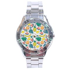 Seamless Pattern Tropical Fruit Banana Watermelon Papaya Lemon Orange Monstera Stainless Steel Analogue Watch by Vaneshart