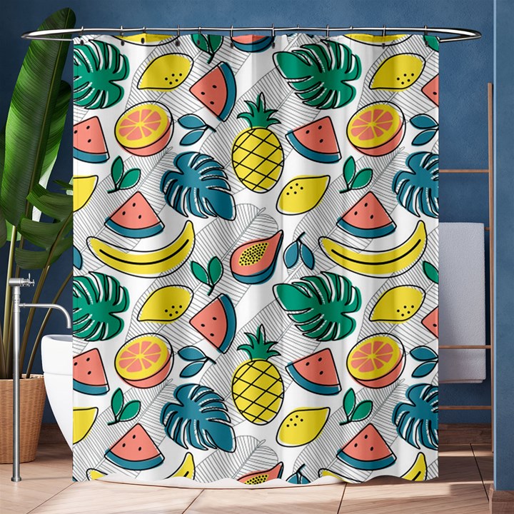 Seamless Pattern Tropical Fruit Banana Watermelon Papaya Lemon Orange Monstera Shower Curtain 60  x 72  (Medium) 