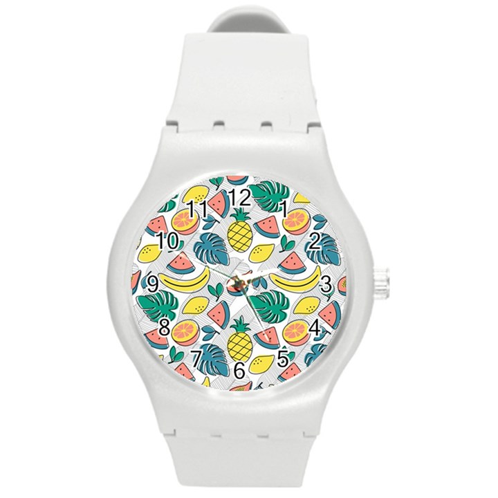 Seamless Pattern Tropical Fruit Banana Watermelon Papaya Lemon Orange Monstera Round Plastic Sport Watch (M)