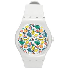 Seamless Pattern Tropical Fruit Banana Watermelon Papaya Lemon Orange Monstera Round Plastic Sport Watch (m) by Vaneshart