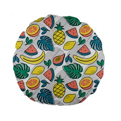 Seamless Pattern Tropical Fruit Banana Watermelon Papaya Lemon Orange Monstera Standard 15  Premium Round Cushions by Vaneshart