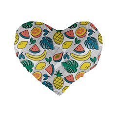 Seamless Pattern Tropical Fruit Banana Watermelon Papaya Lemon Orange Monstera Standard 16  Premium Flano Heart Shape Cushions by Vaneshart