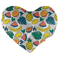 Seamless Pattern Tropical Fruit Banana Watermelon Papaya Lemon Orange Monstera Large 19  Premium Flano Heart Shape Cushions by Vaneshart