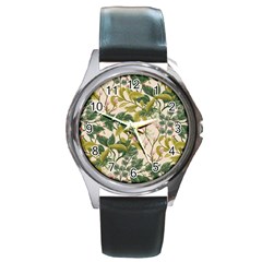 Flower Leaves Background Round Metal Watch by Vaneshart