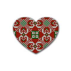 Grandma S Christmas Knitting Pattern Red Green White Colors Rubber Coaster (heart)  by Vaneshart