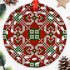 Grandma S Christmas Knitting Pattern Red Green White Colors Round Filigree Ornament (two Sides) by Vaneshart