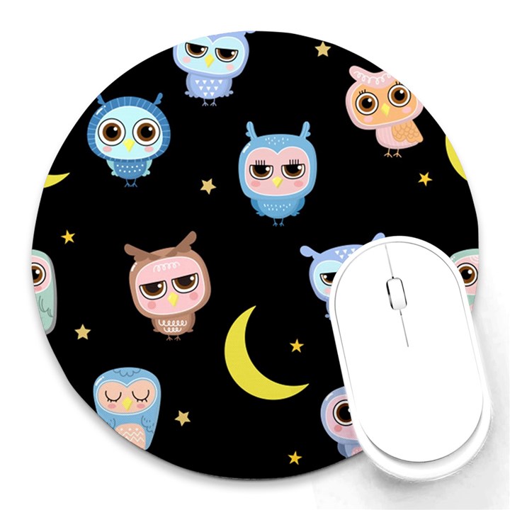 Cute Owl Doodles With Moon Star Seamless Pattern Round Mousepads