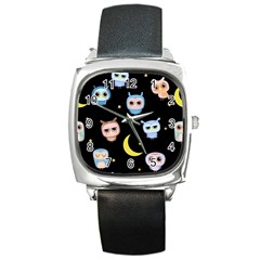 Cute Owl Doodles With Moon Star Seamless Pattern Square Metal Watch by Vaneshart