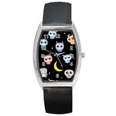 Cute Owl Doodles With Moon Star Seamless Pattern Barrel Style Metal Watch by Vaneshart