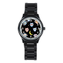 Cute Owl Doodles With Moon Star Seamless Pattern Stainless Steel Round Watch by Vaneshart