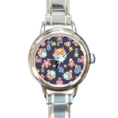 Owl Stars Pattern Background Round Italian Charm Watch by Vaneshart