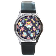 Owl Stars Pattern Background Round Metal Watch by Vaneshart