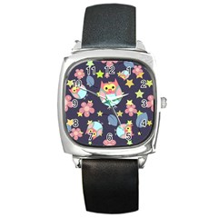 Owl Stars Pattern Background Square Metal Watch by Vaneshart