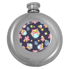 Owl Stars Pattern Background Round Hip Flask (5 Oz) by Vaneshart