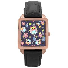 Owl Stars Pattern Background Rose Gold Leather Watch  by Vaneshart