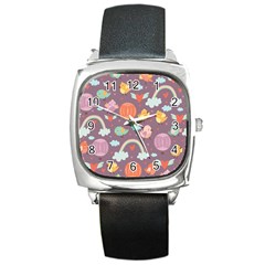 Cute Seamless Pattern With Doodle Birds Balloons Square Metal Watch by Vaneshart