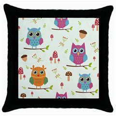 Forest Seamless Pattern With Cute Owls Throw Pillow Case (black) by Vaneshart