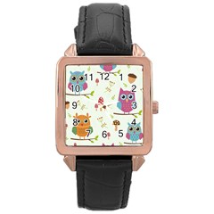 Forest Seamless Pattern With Cute Owls Rose Gold Leather Watch  by Vaneshart