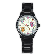 Forest Seamless Pattern With Cute Owls Stainless Steel Round Watch by Vaneshart