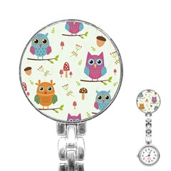 Forest Seamless Pattern With Cute Owls Stainless Steel Nurses Watch