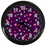 Colorful Stars Hearts Seamless Vector Pattern Wall Clock (Black) Front