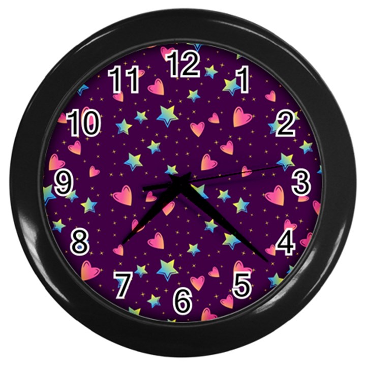 Colorful Stars Hearts Seamless Vector Pattern Wall Clock (Black)