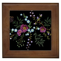 Embroidery Trend Floral Pattern Small Branches Herb Rose Framed Tile by Vaneshart