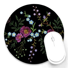 Embroidery Trend Floral Pattern Small Branches Herb Rose Round Mousepads by Vaneshart